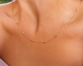 14K Solid Gold Cable Chain, Gold Beads with Cable Chain, Delicate Layered Necklace, Ladies and Man Necklace, Gift For Her, Gift For Him