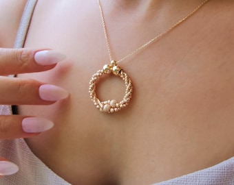 Collar ovalado de oro macizo de 14 quilates, lujoso collar de oro macizo con cuentas rosas, delicados collares de cadena de bolas, joyería hecha a mano, regalo de San Valentín.