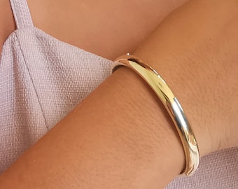 14K Gold Plain Shiny Cuff Bangle Bracelet, 7mm Gold Hinged Bracelet, Ladies Bangle, Oval Bracelet, Comfort Fit, Perfect Gift, Gift For Her