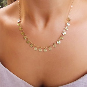 14K Solid Gold Necklace With Small Coins, Coin Charm Choker Necklace, Dainty Shiny Necklace, Disc Necklace, Perfect Gift For Her