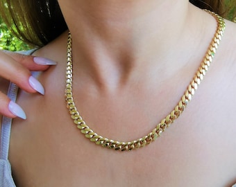 14K Real Semi Solid Gold Cuban Curb Link Chain Necklace, 7 MM Width Chain,Unisex Chain, Sturdy Everyday Chain, Gift For Her, Gift For Him