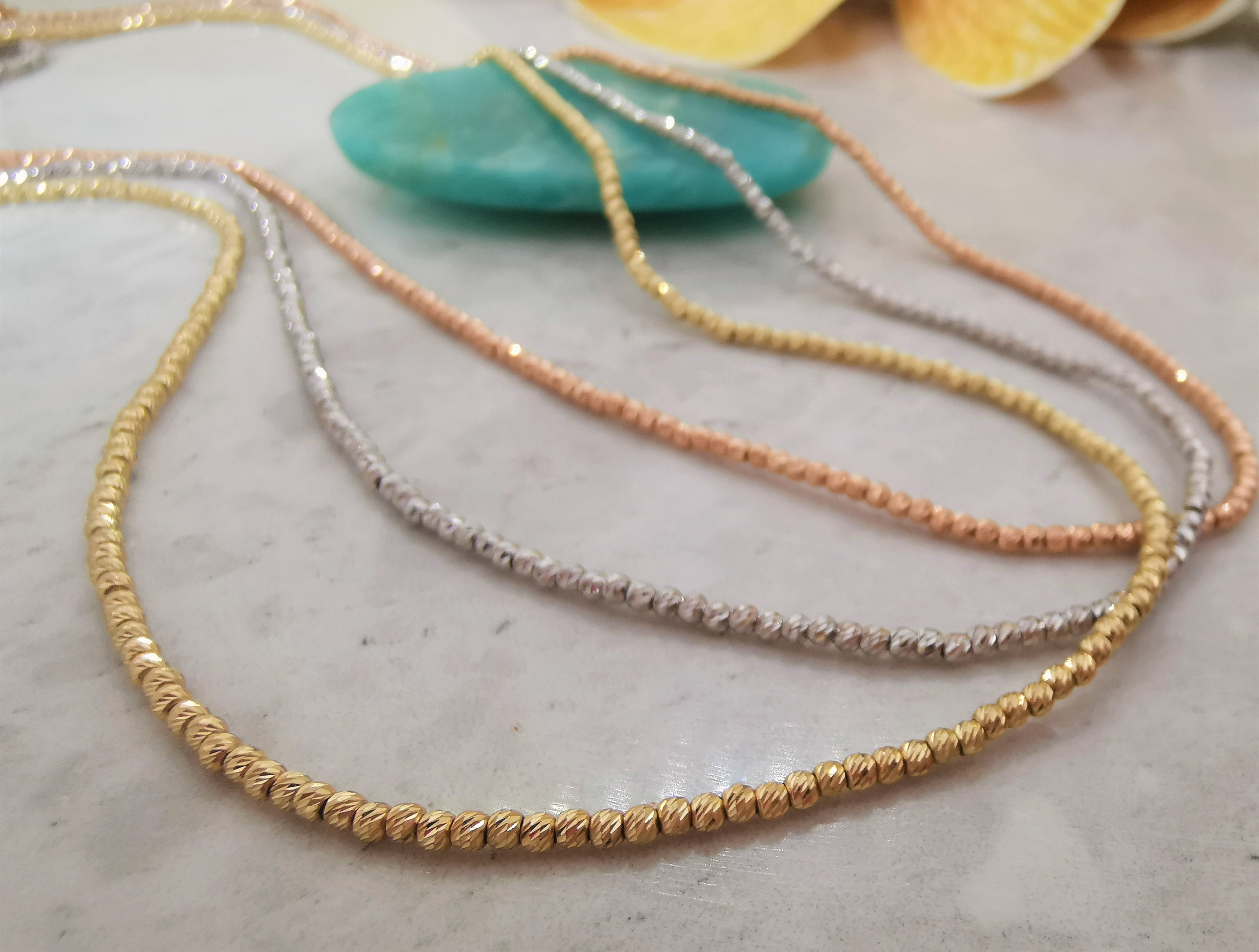 14K Solid Gold Yellow White Rose Ball Chain Necklace, 2mm Gold Sparkle ...
