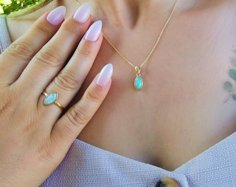 14K massief gouden opaal stenen sieraden set, druppelvorm gouden opaal set, sierlijke speciale dag sieraden, handgemaakte sierlijke bruidssieraden, cadeau voor haar