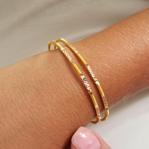 22K Solid Gold Hammered Bangle, Vintage Real Solid Gold Diamond Cut Bangle, 2.2mm Wide Shiny Bracelet, Daily Womens Bracelet, Gift For Her