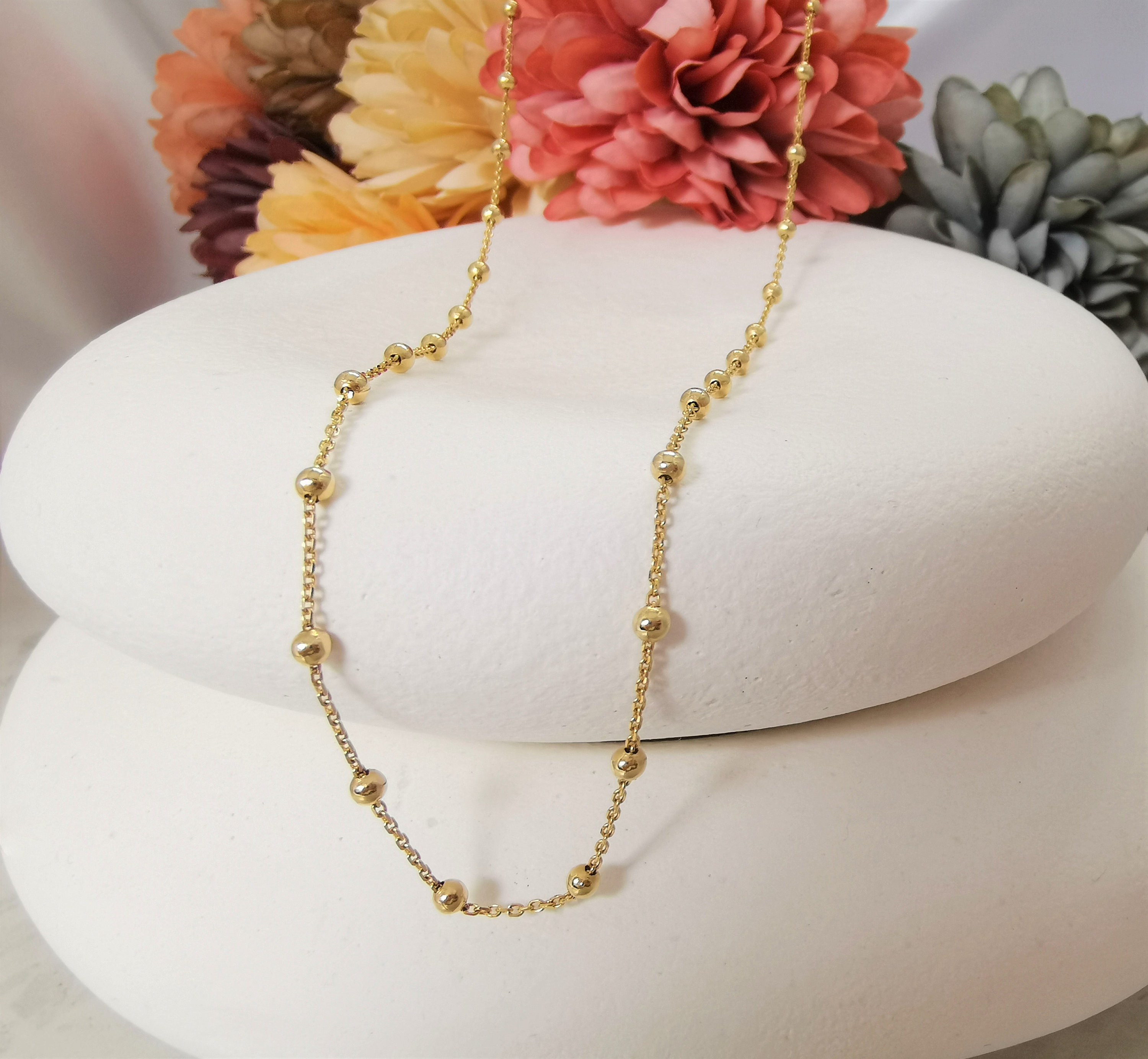 14K Solid Gold Ball Bead Chain Necklace, Solid Gold Ball Choker, Cable