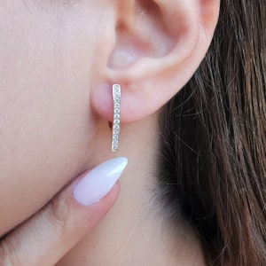14K Solid Gold Thin Bar Hoop Earrings with CZ, Dainty Earrings, Geometric Hoop Earrings, Best Design Comfortable Earring, Great Gift For Her