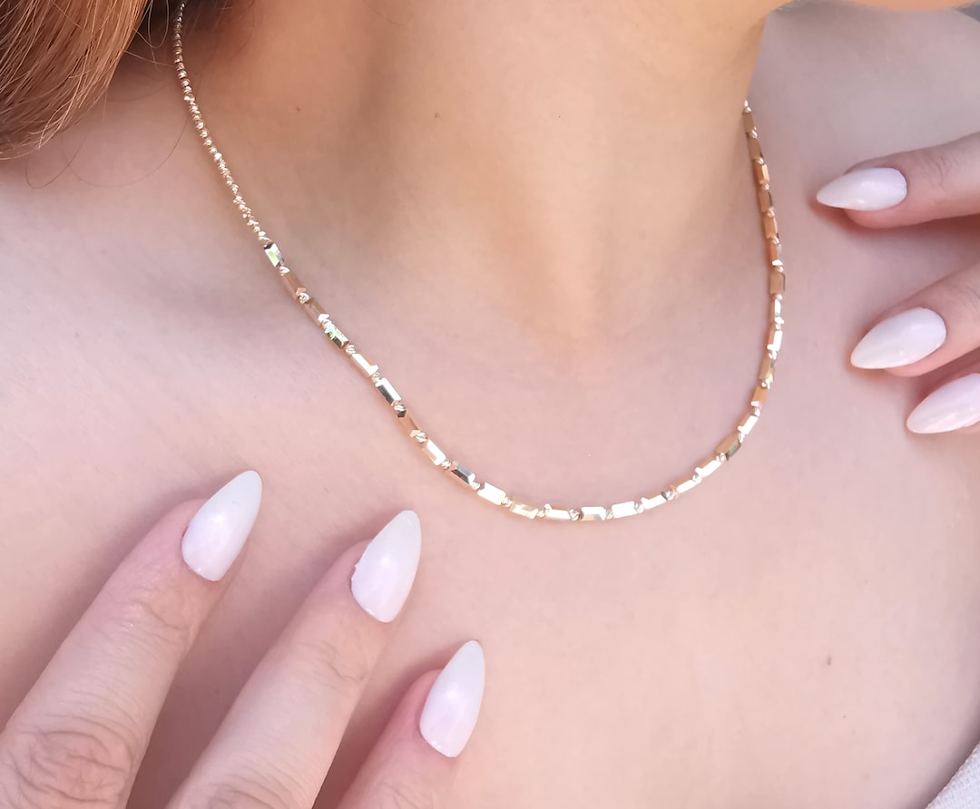 14K Solid Gold Diamond Cut Ball and Tube Bead Necklace, Daily