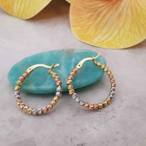 14K Solid Gold Beaded Ball Hoops Earrings, Colourful Hoop Earrings, White Yellow Rose Gold Hoop Earrings, Round Hoop Earrings, Gift For Her