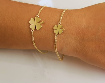 Pulsera de trébol de cuatro hojas de oro macizo de 14 quilates, accesorio para el Día de San Patricio, pulsera de amuleto de la suerte, joyería hecha a mano, uso diario, regalo para ella