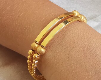 14K Gold Bead Ball Bracelet Bangle, 24K Shiny Gold Bead Ball Bracelet, Real Gold Bangle with Gold Bead Ball, Stacking Bangle, Gift For Her