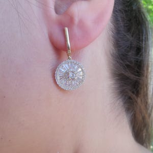 14K Solid Gold Baguette Earrings, Charming Round Gold Earrings with CZ, Daily Elegant Jewelry, Comfortable Earrings, Perfect Gift For Her