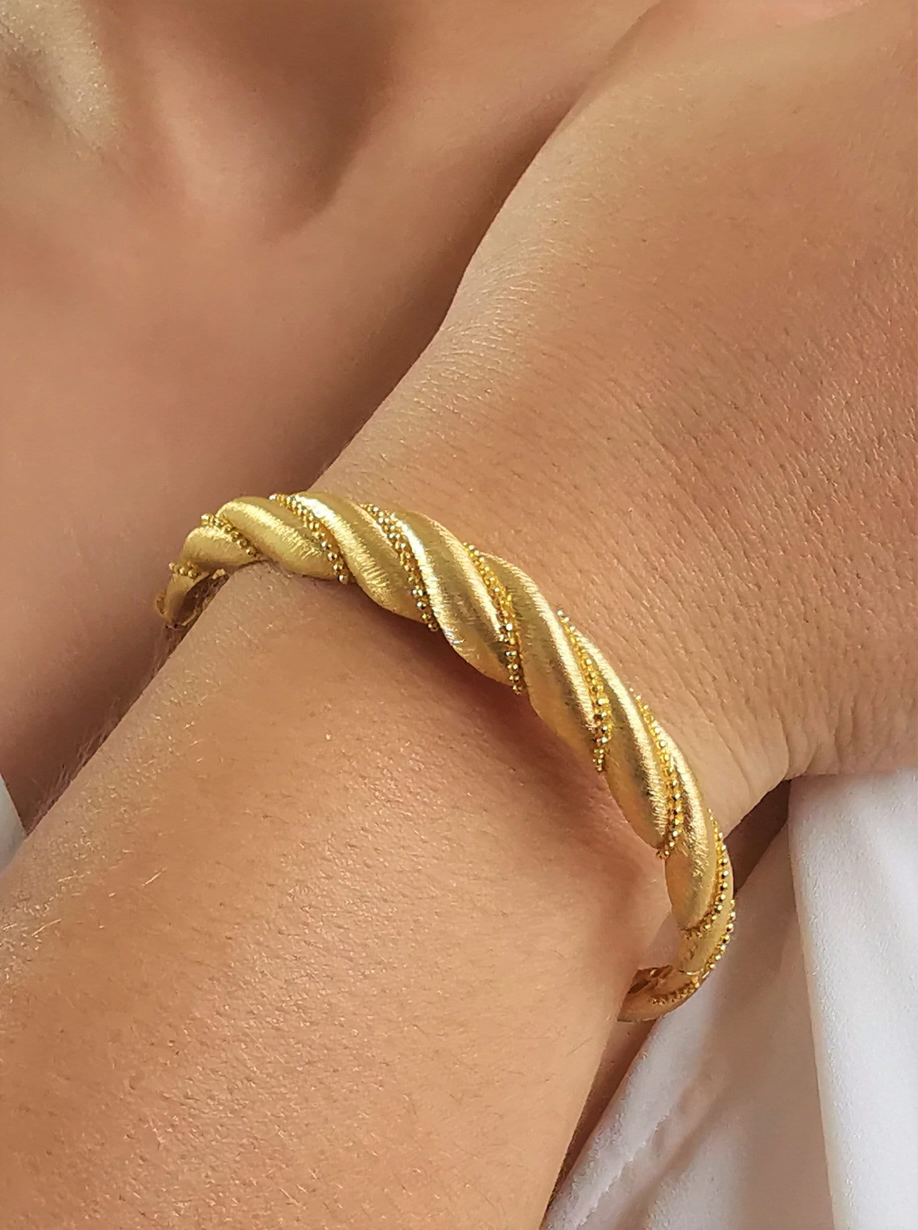 14K Yellow Matte Gold Twist Bracelet, 24K Gold Color Shiny Bangle