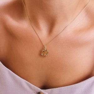 14K solid Gold Klee Halskette, vier Blatt 3D Klee Gold Halskette, Shamrock Halskette, kleines Herz Halskette, viel Glück Halskette, Geschenk für sie