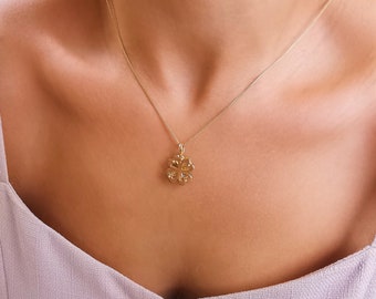 Collier trèfle en or massif 14 carats, collier en or trèfle 3D à quatre feuilles, collier trèfle, collier petit coeur, collier porte-bonheur, cadeau pour elle