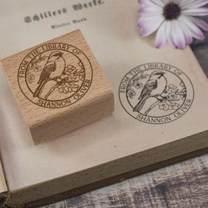 Bird Ex Libris Stamp with Cherry Blossom | From the Library of | Custom Bookplate Stamp | Personalized Gift for Readers