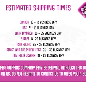 May include: A pink and white graphic with the text "ESTIMATED SHIPPING TIMES" and a list of countries and estimated shipping times in business days. The graphic also includes the text "SOMETIMES SHIPPING COMPANY MAY BE DELAYED, ALTHOUGH THIS DOES NOT DEPEND ON US, DO NOT HESITATE TO CONTACT US TO OFFER YOU A SOLUTION."