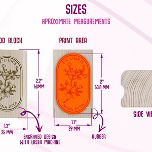 May include: A wooden stamp block with a 2.2 inch by 1.3 inch wood block and a 2 inch by 1 inch print area. The stamp features a floral design with the text "Ex-Libris Nina Pita".