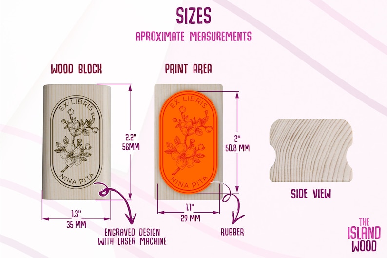 May include: A wooden stamp block with a 2.2 inch by 1.3 inch wood block and a 2 inch by 1 inch print area. The stamp features a floral design with the text "Ex-Libris Nina Pita".