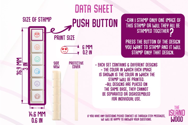 May include: A set of six push button stamps with different emoji designs. The stamps are 3 inches tall and 0.6 inches wide. Each stamp is 0.2 inches tall and 0.6 inches wide. The stamps are made of wood and have a protective cover.
