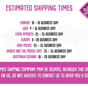May include: A pink and white graphic with the text "ESTIMATED SHIPPING TIMES" and a list of countries and estimated shipping times in business days. The graphic also includes the text "THE ISLAND WOOD" in a pink diamond shape.