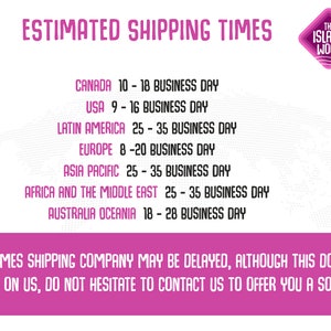 May include: Estimated shipping times for orders from The Island Wood.  Shipping times vary by location, with the longest estimated time being 25-35 business days for Latin America, Asia Pacific, Africa and the Middle East.  The shortest estimated time is 8-20 business days for Europe.
