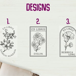 May include: Three black and white bookplate designs with floral illustrations. The first design features a cherry blossom branch with the text "EX LIBRIS GIORGIA NUNZIATA". The second design features a dahlia with the text "EX LIBRIS EVELYN". The third design features a poppy with the text "EX LIBRIS REBBECA LONG".