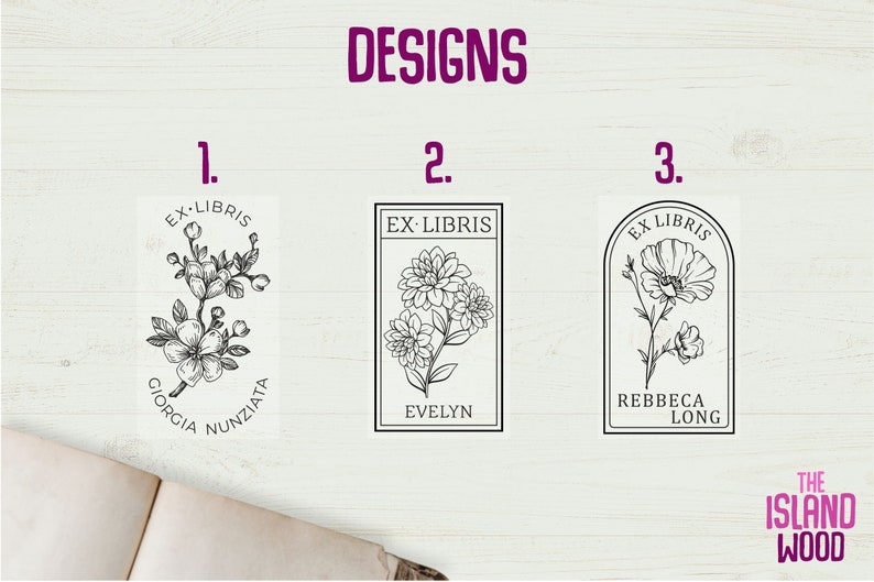 May include: Three black and white bookplate designs with floral illustrations. The first design features a cherry blossom branch with the text "EX LIBRIS GIORGIA NUNZIATA". The second design features a dahlia with the text "EX LIBRIS EVELYN". The third design features a poppy with the text "EX LIBRIS REBBECA LONG".