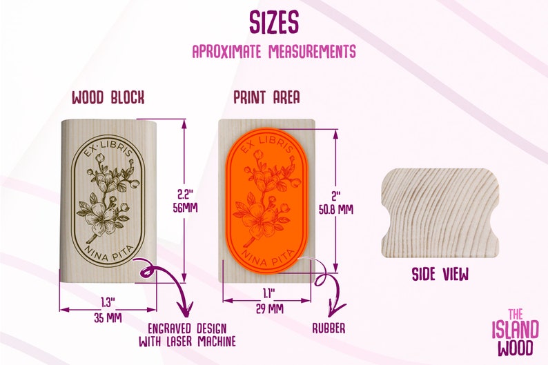 May include: A wooden stamp block with a 2.2 inch by 1.3 inch wood block and a 2 inch by 1 inch print area. The stamp features a floral design with the text "Ex-Libris Nina Pita".