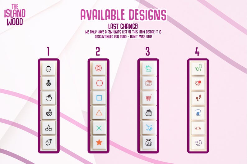 May include: A set of eight different keycap designs for a mechanical keyboard. The designs include a pineapple, an apple, a banana, a cherry, a circle, a square, a triangle, and a star. The keycaps are white with black outlines and are arranged in a vertical column.