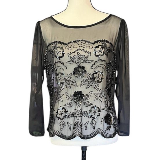 Chemisier Perles INC International Concepts - Manches Longues Transparent Noir, Taille S, Occasion Très Bon état