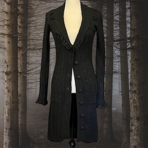 Vintage 90s Y2K Betsey Johnson New York Crochet Knit & Lace Goth Witchy Vamp Duster Cardigan Long Sweater Coatigan Coat Thick Heavy Sz S