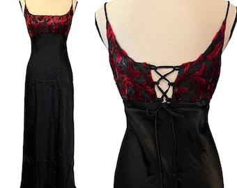 Vintage 90s Rampage Satin Velvet Burnout Corset Tie Goth Vamp Maxi Slip Dress