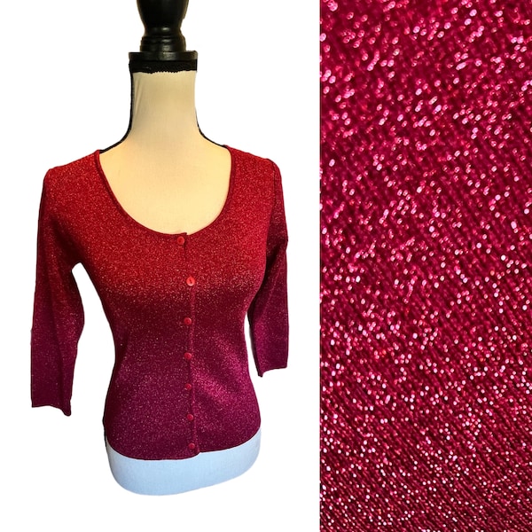 Vintage Betsey Johnson New York Red Metallic 3/4 Sleeve Button Up Cardigan
