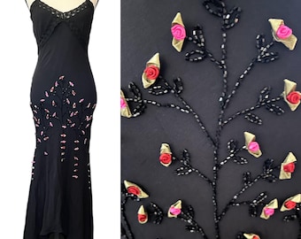 Vintage 90s Y2K Sue Wong Silk Sheer Mesh & Lace Beaded Floral Maxi Slip Dress 4 S goth vamp