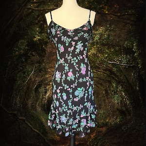 RARE Vintage 90s Y2K Betsey Johnson New York Sheer Mesh Floral Ruffle Slip Dress S