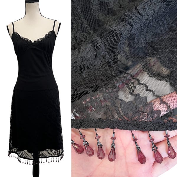 Vintage Betsey Johnson Evening Sheer Mesh & Lace Bead Noisemaker Slip Dress 6