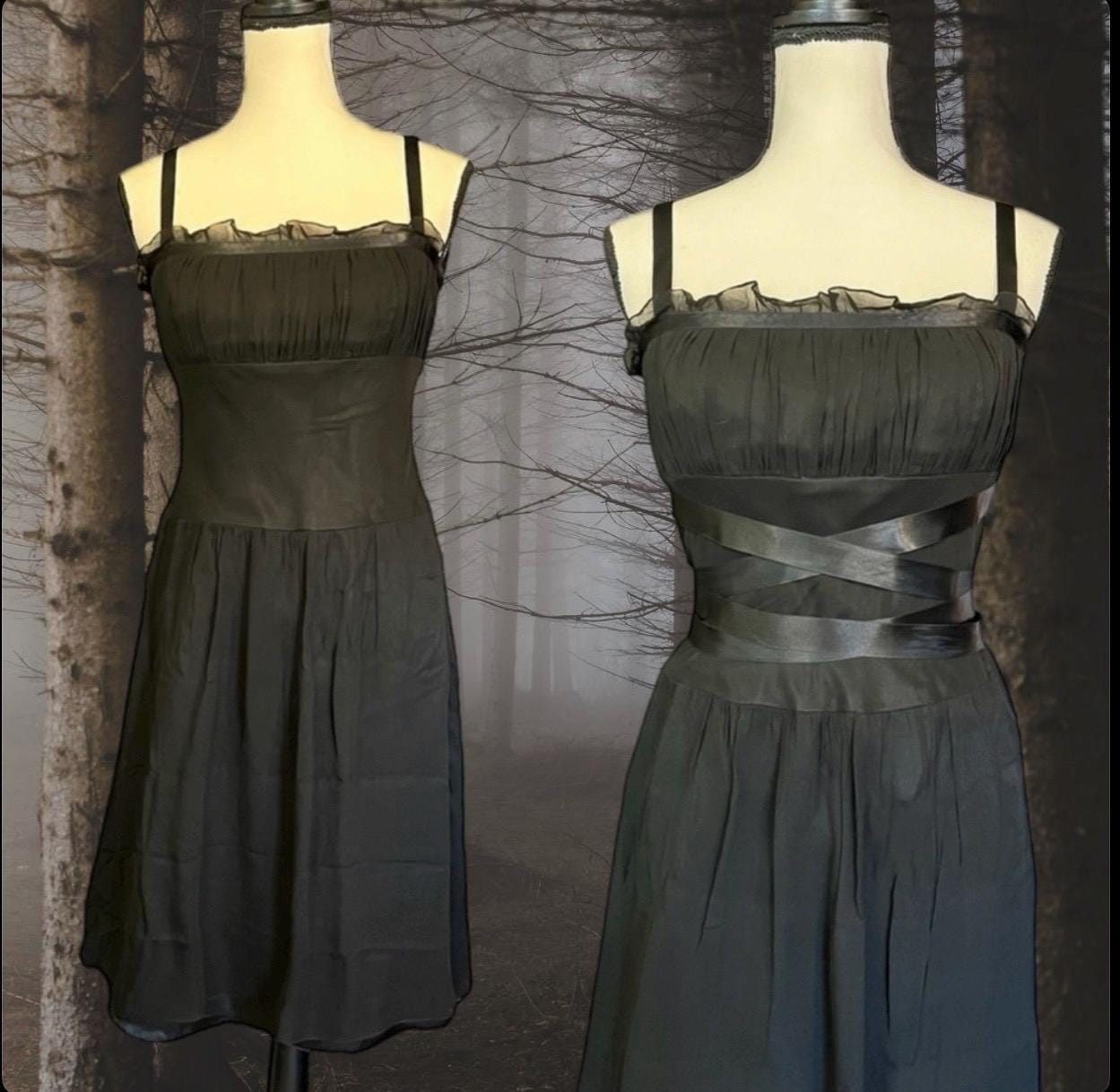 Vintage 90s Y2K Laundry Shelli Segal Silk Sheer Mesh Goth Witchy Milkmaid Dress Betsey Johnson style Sue Wong style