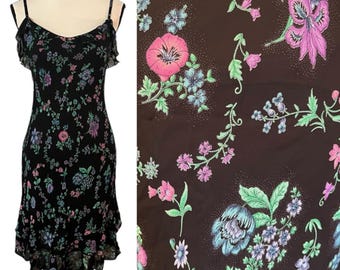 Seltenes Vintage-Kleid aus den 90er Jahren (Y2K) von Betsey Johnson New York: Transparentes Netz-Slipkleid mit Blumenmuster und Rüschen, Größe S