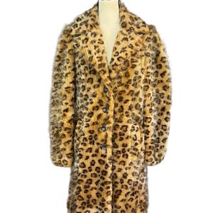Vintage 90s Y2K Betsey Johnson New York Faux Fur Leopard Print Animal Print Duster Coat Jacket M