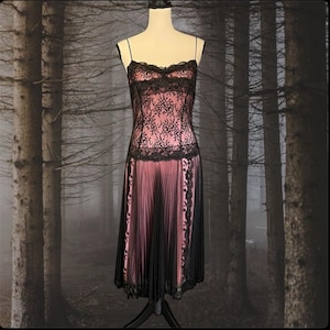 Vintage Betsey Johnson New York Sheer Mesh & Lace Black Pink Goth Witchy Vamp Midi Slip Dress 10