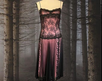 Vintage Betsey Johnson New York Sheer Mesh & Lace Black Pink Goth Witchy Vamp Midi Slip Dress 10
