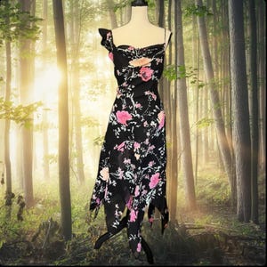 Vintage Betsey Johnson Evening Black Pink Floral Beaded Mesh Asymmetrical Handkerchief Hem Slip Dress 10 M flowers beading fairy fairycore
