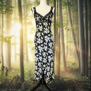 Vintage Betsey Johnson New York Silk Sheer Mesh Lace Blue Rose Hollywood Slip Dress S