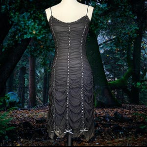 Vintage Betsey Johnson New York Silk Sheer Swiss Dot Mesh & Ribbon Goth Witchy Vamp Dress M