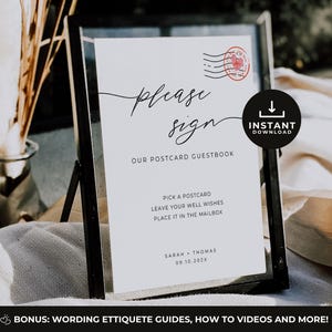 Enseigne de livre d'or de carte postale moderne | Décoration de table de mariage imprimable | Boîte aux lettres pour livre d'or | Modèle de toile minimaliste pour les mariages