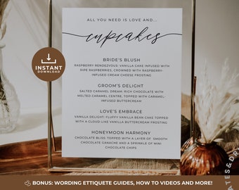 Dessert Table Sign Cupcake, Cupcake Menu Sign for Wedding, Editable Cupcake Flavor Sign, Editable on Canva, Modern Minimalist Wedding Sign