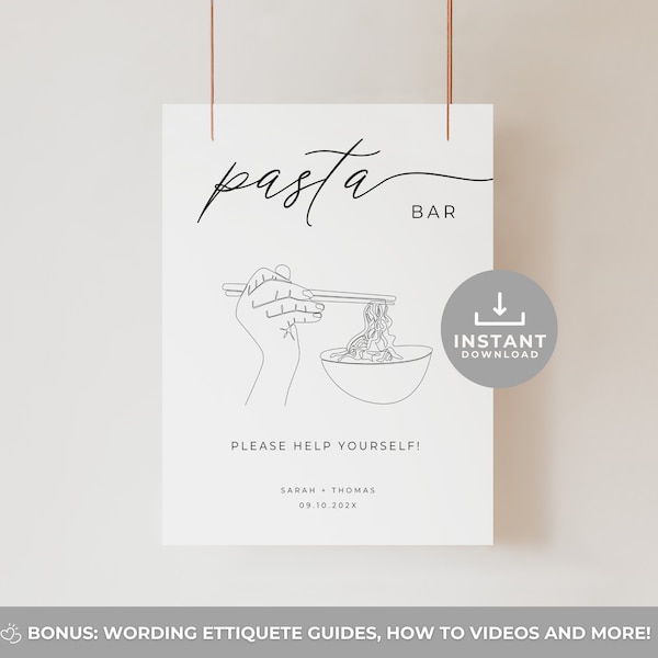 Pasta Bar Sign, Pasta Party, Pasta Station Sign, Tabletop Wedding 8x10 Sign, Minimalistic Modern Wedding, Editable Canva Template