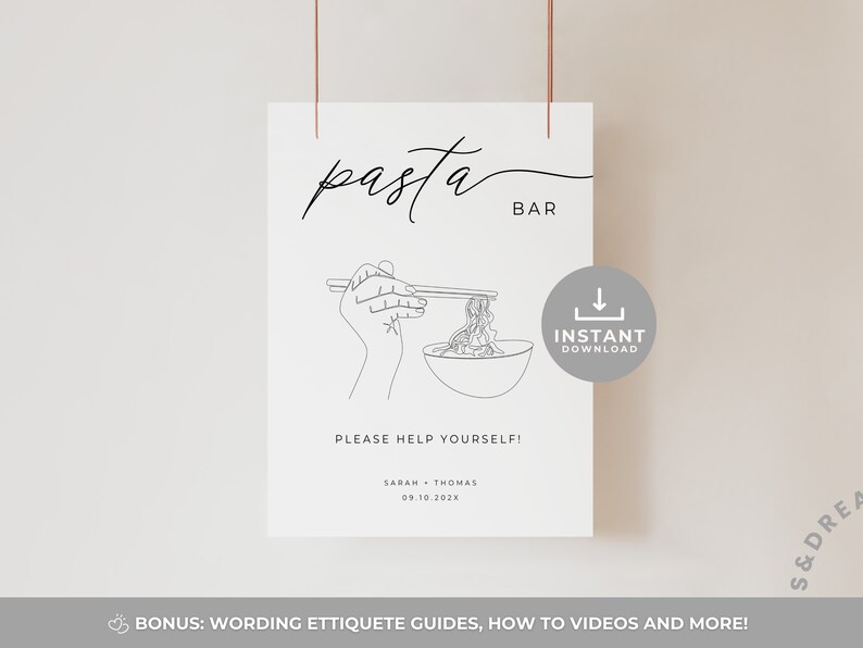 Pasta Bar Sign, Pasta Party, Pasta Station Sign, Tabletop Wedding 8x10 Sign, Minimalistic Modern Wedding, Editable Canva Template image 1