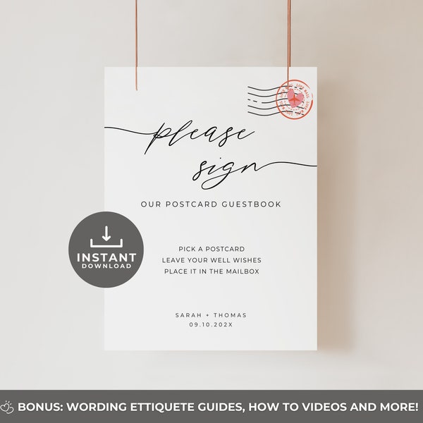 Postcard Guestbook Sign, Modern Minimalist Postcard, Wedding Mailbox Signs, Minimalist Sign our Guestbook, Editable Canva Template