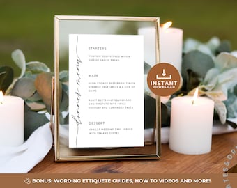 Op de afbeelding: Een afdrukbare sjabloon voor een bruiloftsmenu in een gouden lijst. Het menu bevat opties voor voorgerechten, hoofdgerechten en desserts. De tekst luidt "dinner menu", "starters", "pumpkin soup served with a side of garlic bread", "main", "slow cooked beef brisket with steamed vegetables & a side of chips", "roast butternut squash and sweet potato with chilli yoghurt and coriander sauce", "dessert", "vanilla wedding cake served with tea and coffee".